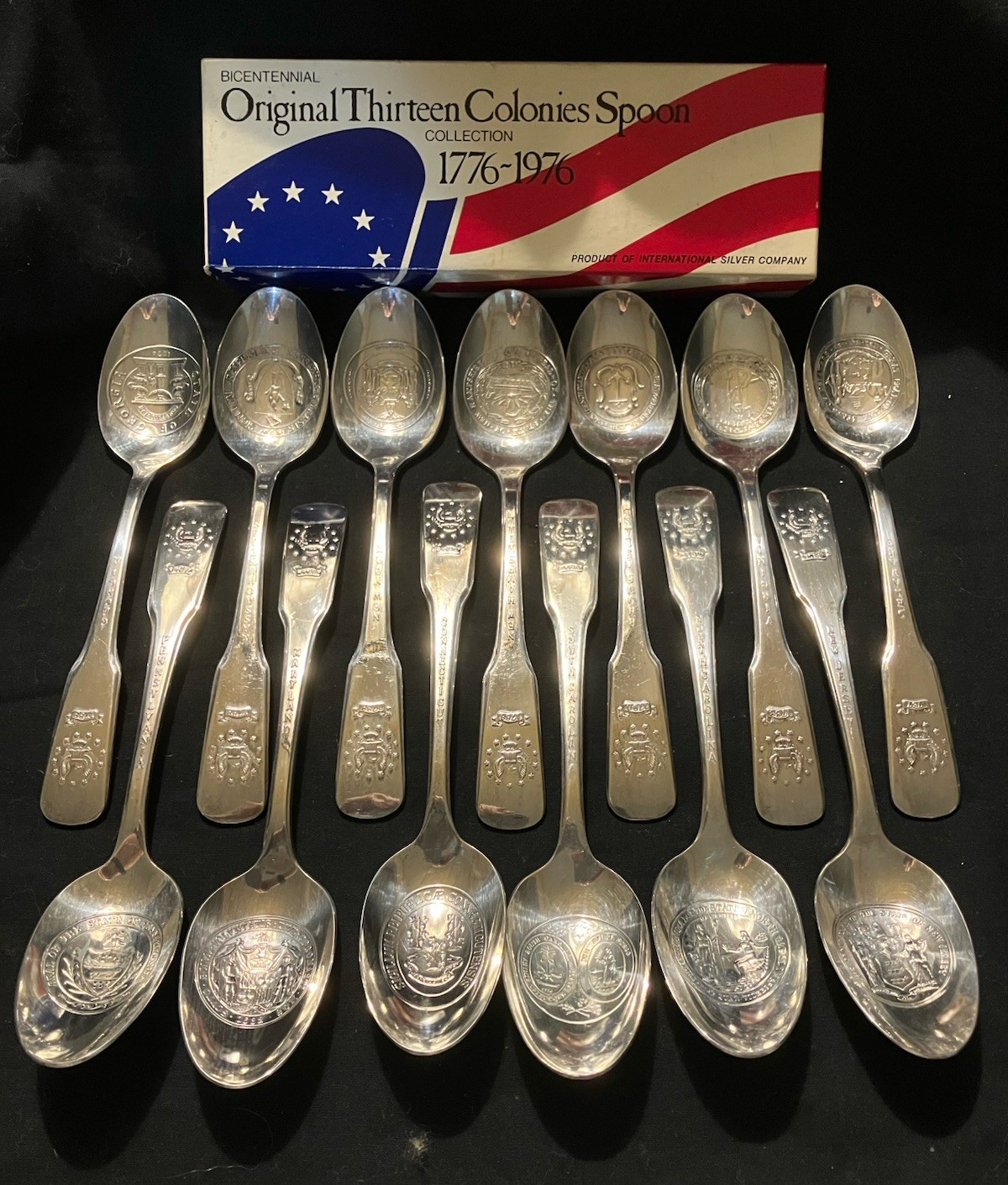 Vintage International Silverplate Bicentennial 13 COLONIES Spoons Set -Orig Box