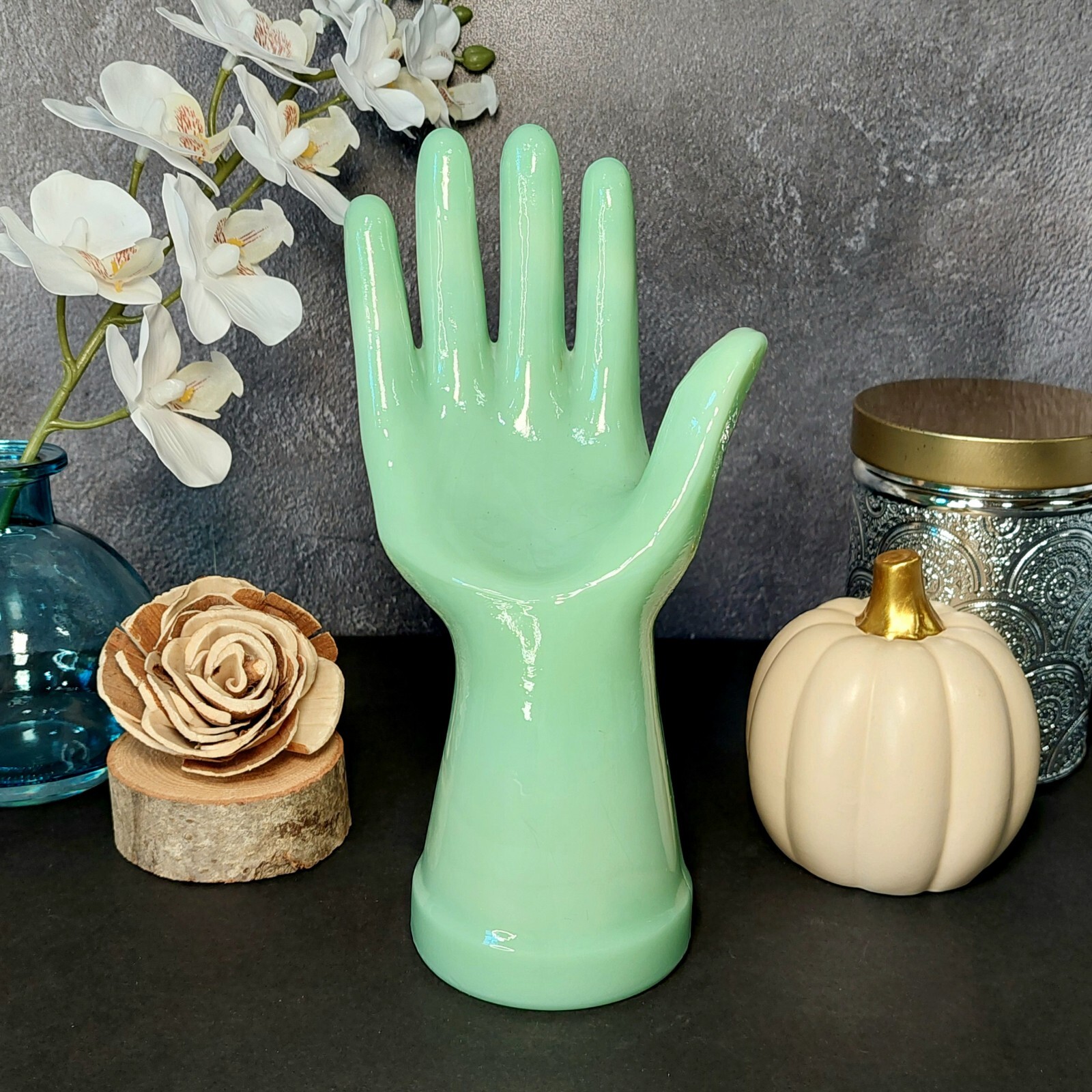 Green Jadeite Glass Depression Style Jewelry Box Hand Ring Display, VTG Style
