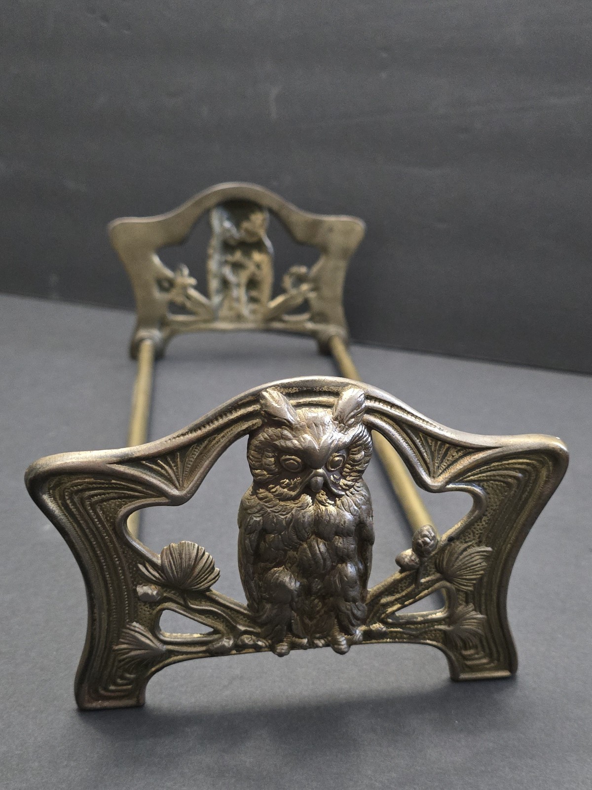 Antique HL Judd #9776 Art Nouveau Owl Expandable Book Rack Brass Bookends