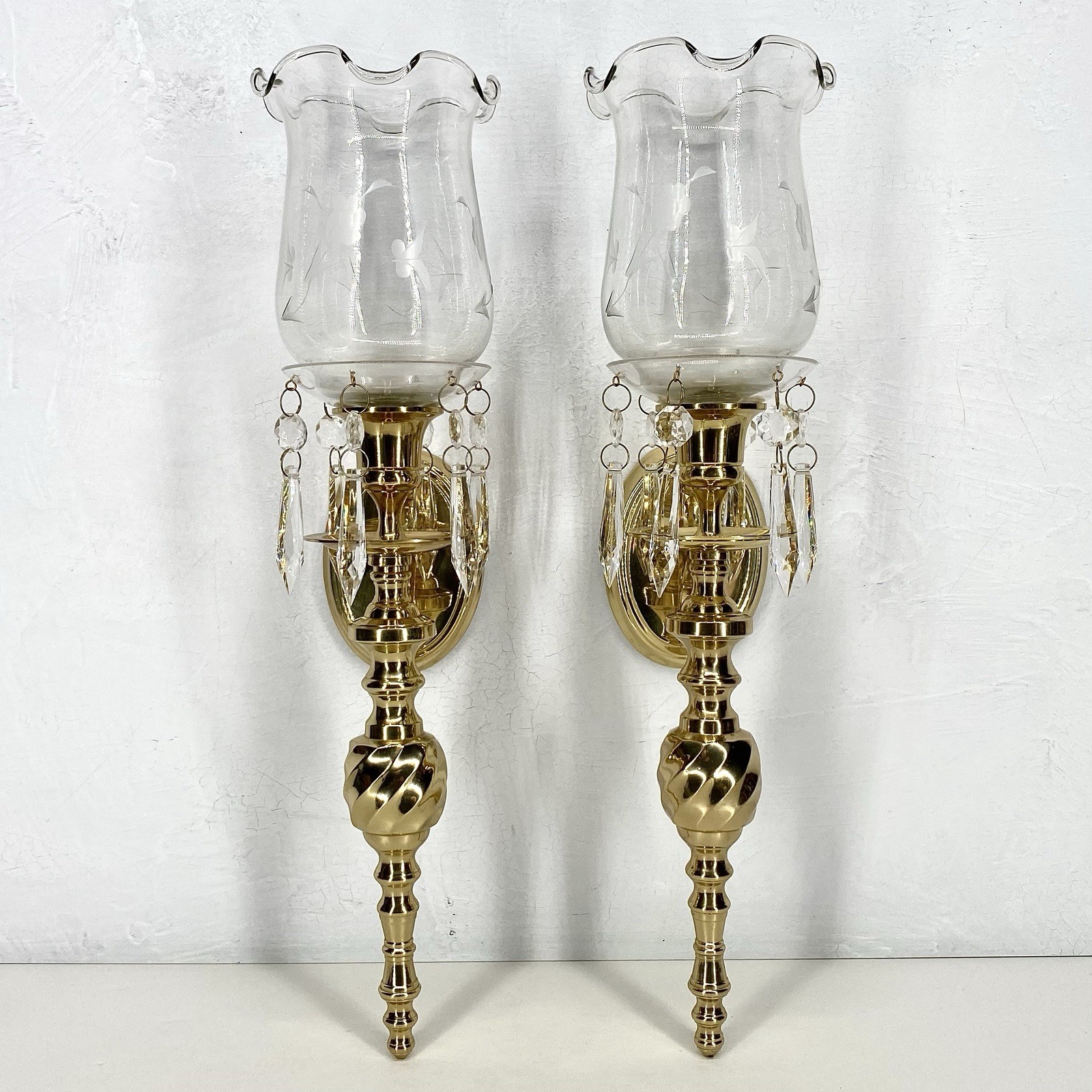 Vintage Solid Brass Wall Sconce Pair With Etched Glass Hurricane Globe & Bobeche