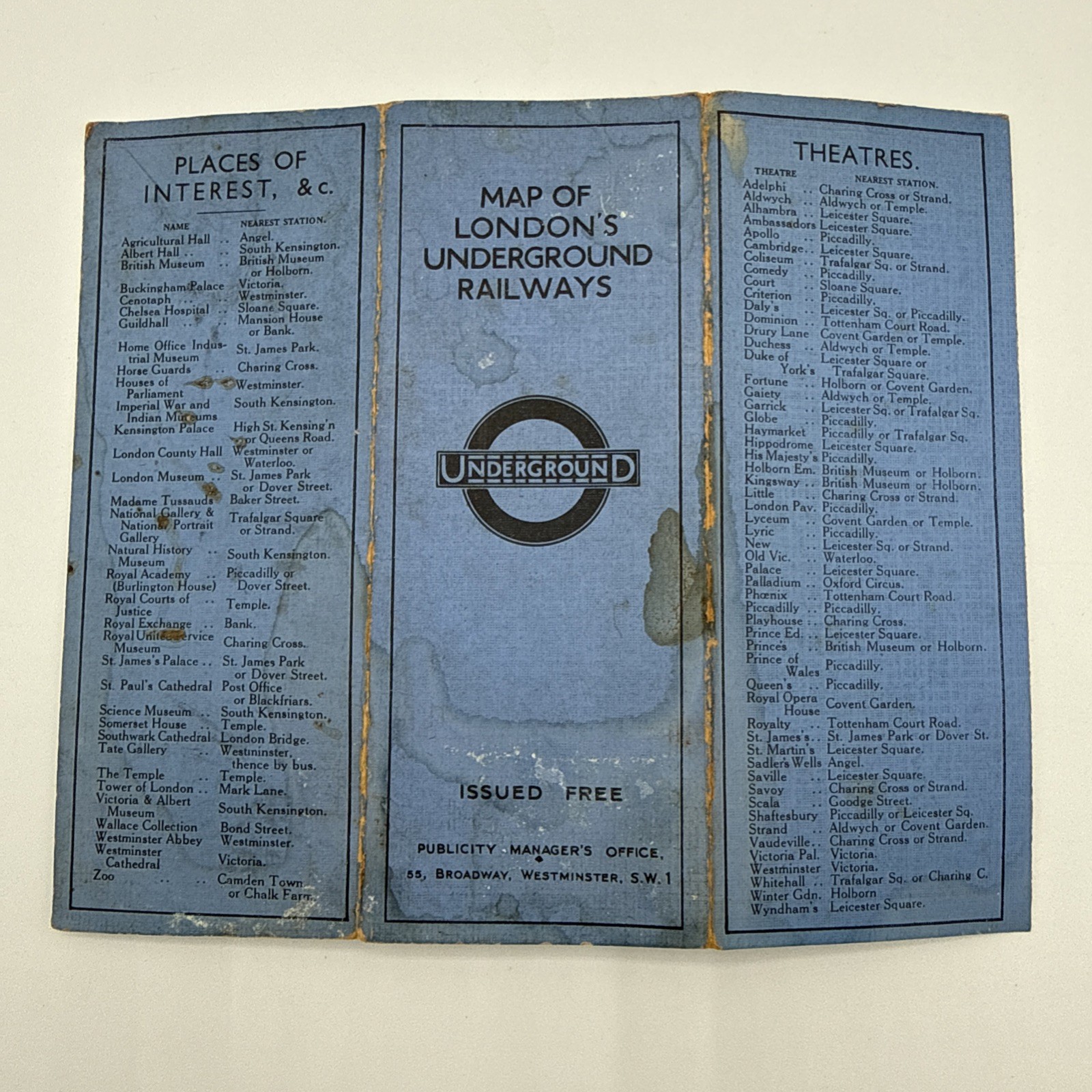 1931 F.H. Stingemore London Underground Pocket Map 11th Edition Pre-Beck Blue