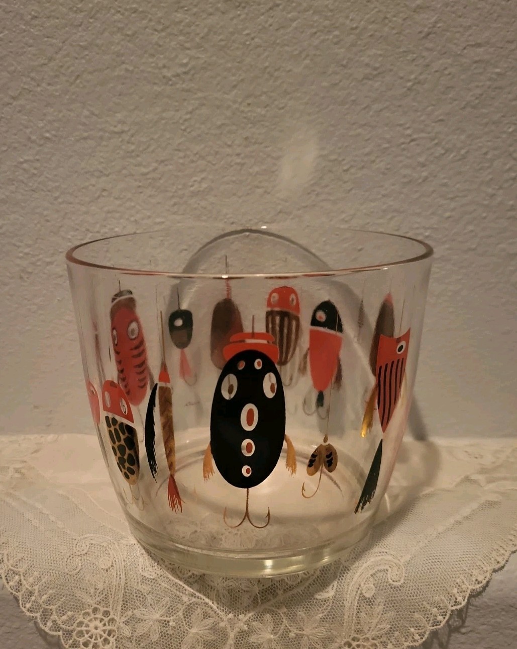 Vintage MCM Fishing Lure Barware Ice Bucket Clear Signed Meth (Robert) Rare 