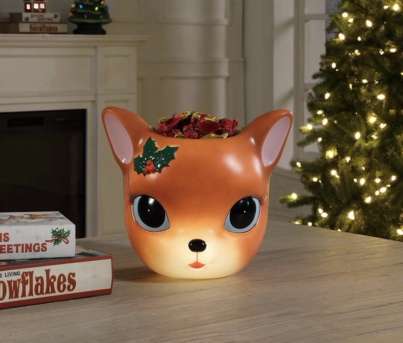 Mr. Christmas 12-Inch Brown Blow Mold Deer Candy Bowl Decoration In Hand