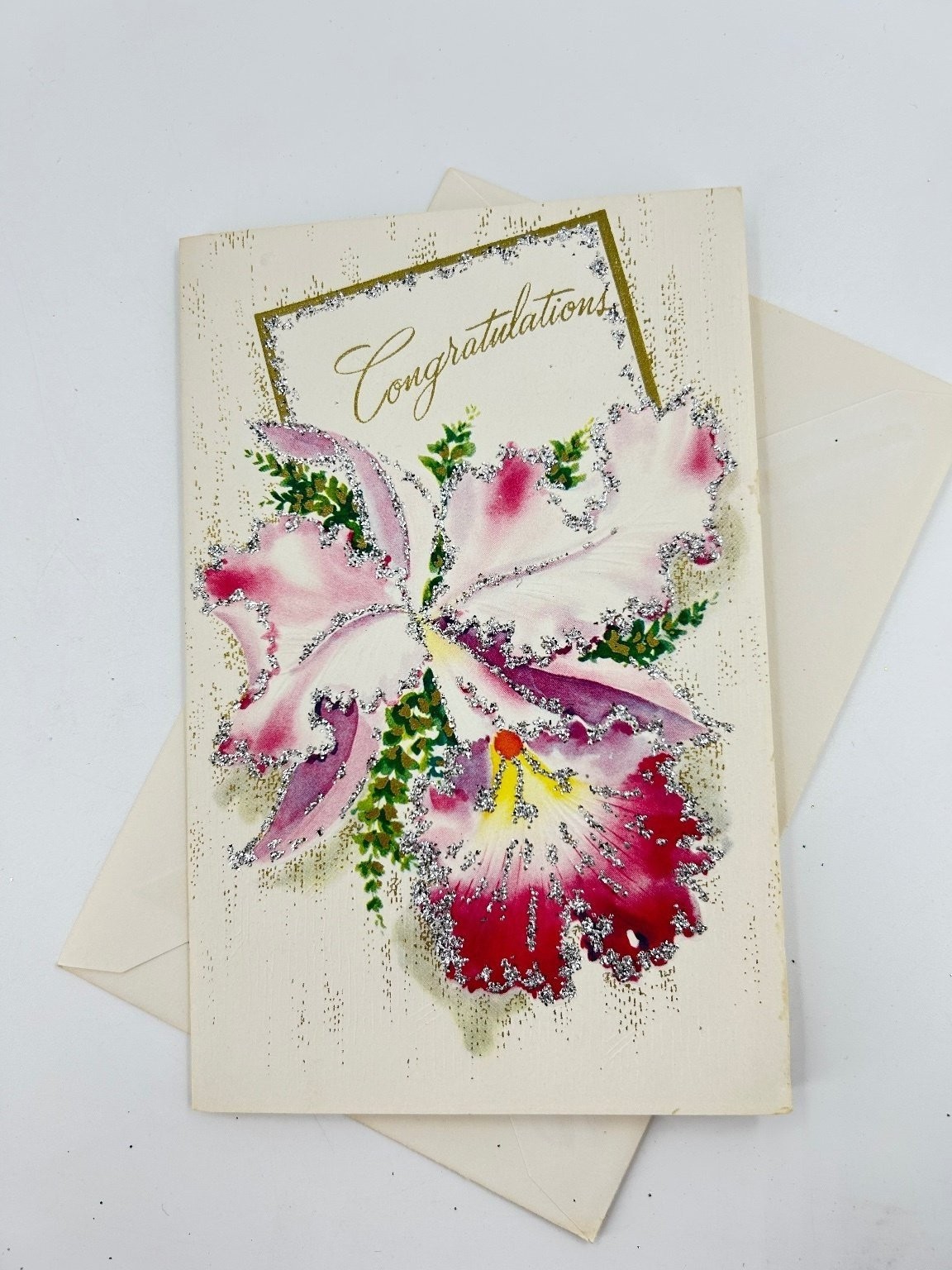 Vintage Congratulations Card Orchid Glitter White Rose 1950s 60s Religious Verse Vintage Congratulations Card Orchid Glitter White Rose 1950s 60s Religious Verse