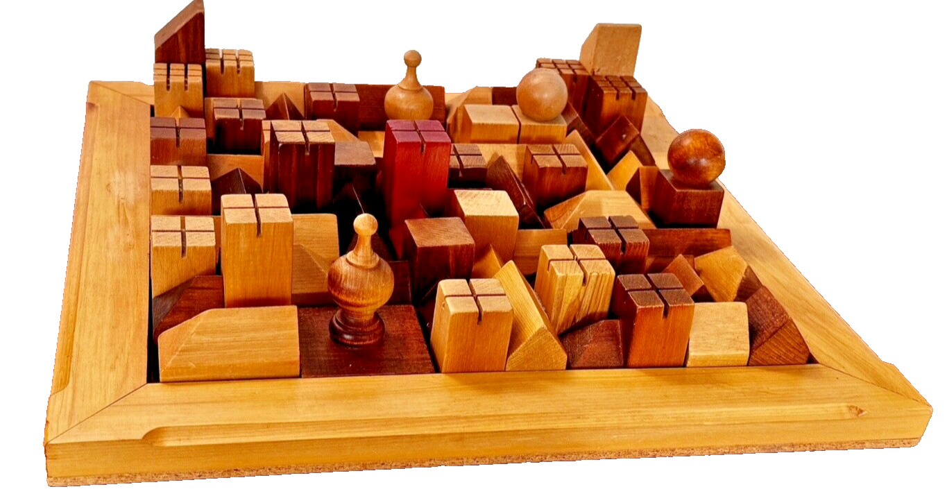1985 Wellington Alsip Geometric Carved Wood Sculpture Puzzle Game Art Vtg
