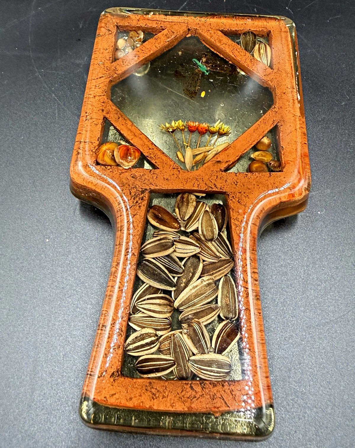 Vintage 1970s Lucite Resin Butterfly & Sunflower Seed Botanical Spoon Rest Vintage 1970s Lucite Resin Butterfly & Sunflower Seed Botanical Spoon Rest