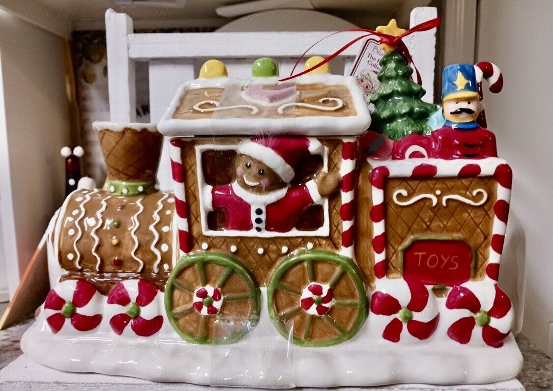 Blue Sky Clayworks Christmas Gingerbread Train Cookie Jar 12” NEW Auth Retailer