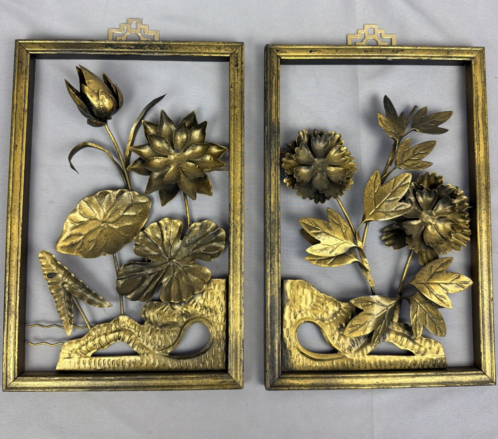 2pc MCM VTG Metal 3D Sculpture Flowers Wall Plaque Decor Art Floral Leaves 8x12