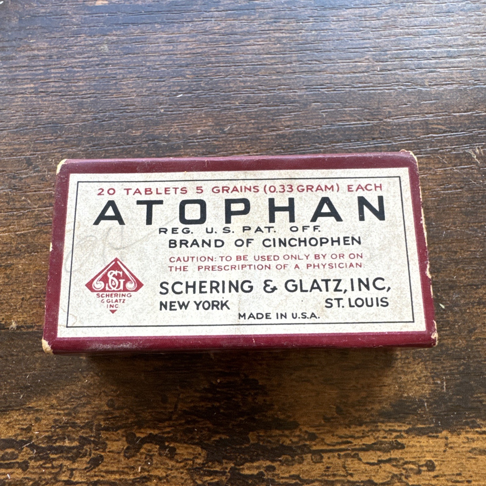 Atophan Vintage Box Shering Glatz New York Cinchophen Empty Box Medicine
