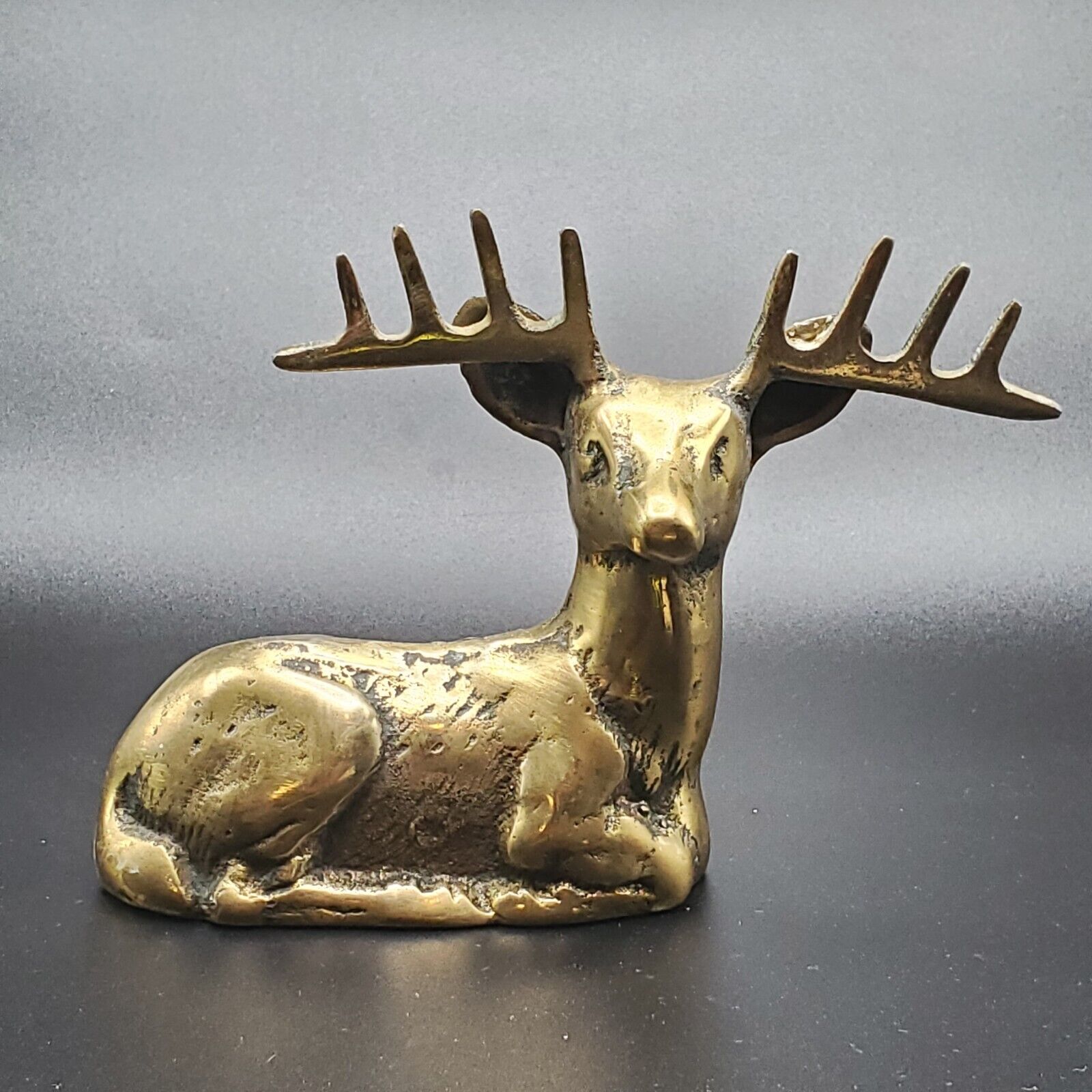 Brass Deer Statue Mid Century Modern Buck Figure Metal Figurine 5” With Patina