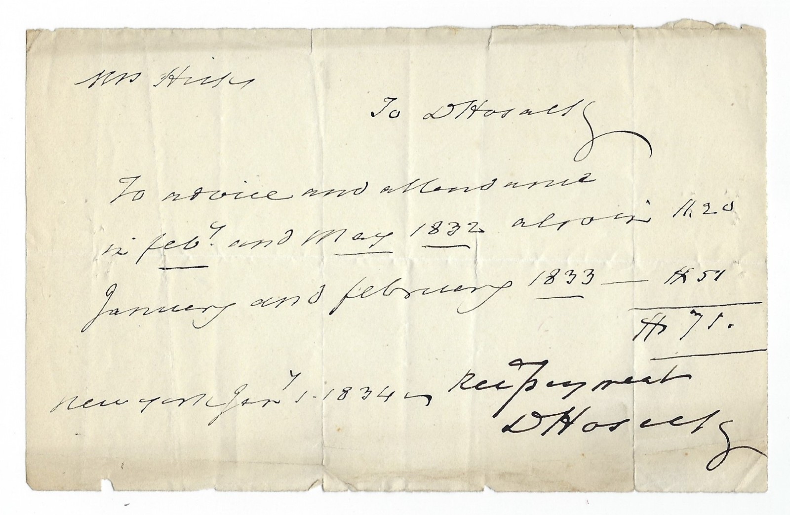 PHYSICIAN David Hosack SIGNED Medical Receipt, Alexander Hamilton Dr. / JSA COA