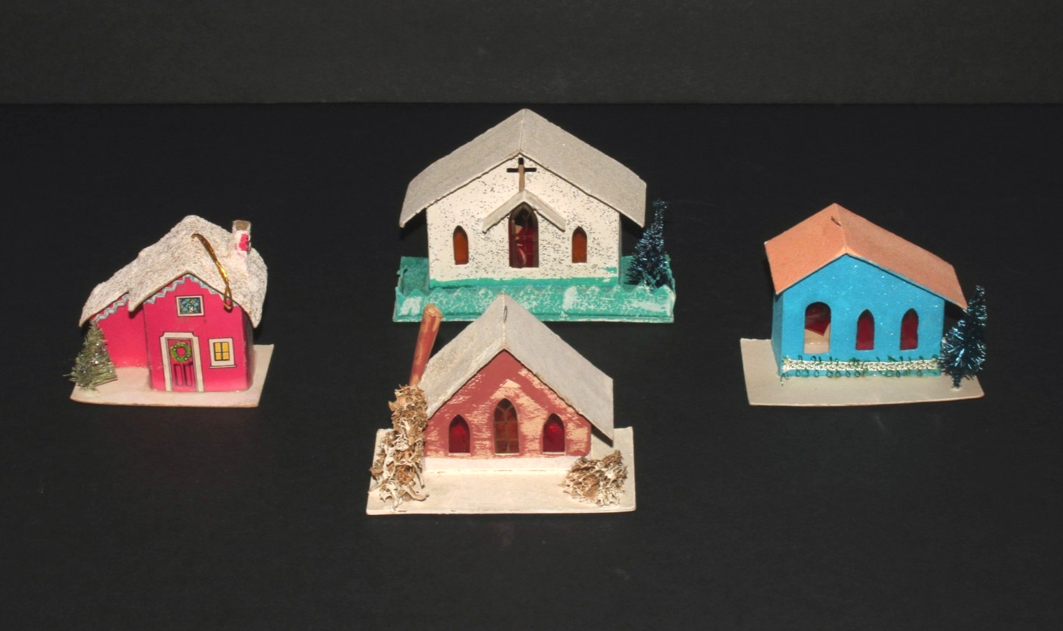 4 VTG Christmas Putz House Ornaments Church Chenille Loofa Tree Mica Japan