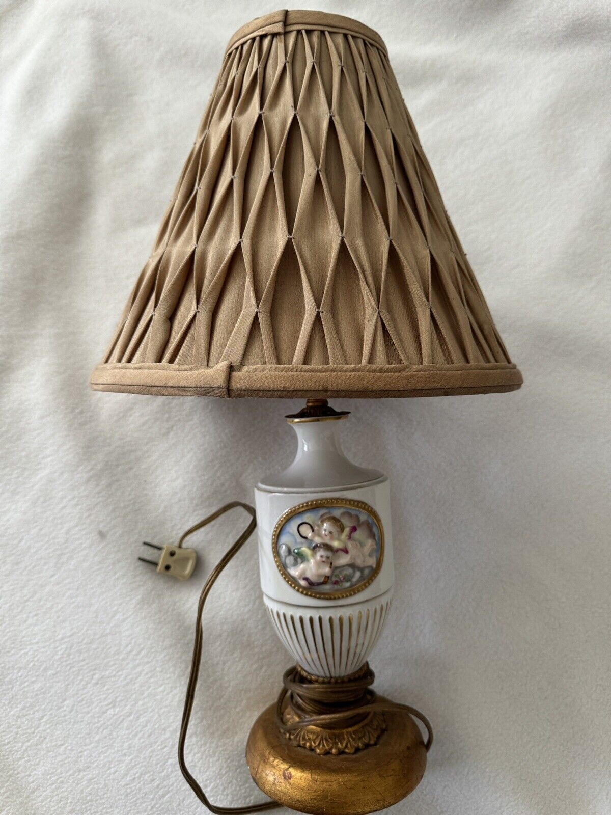 VINTAGE CERAMIC Hand-painted TABLE Angel Small Lamp With Shade
