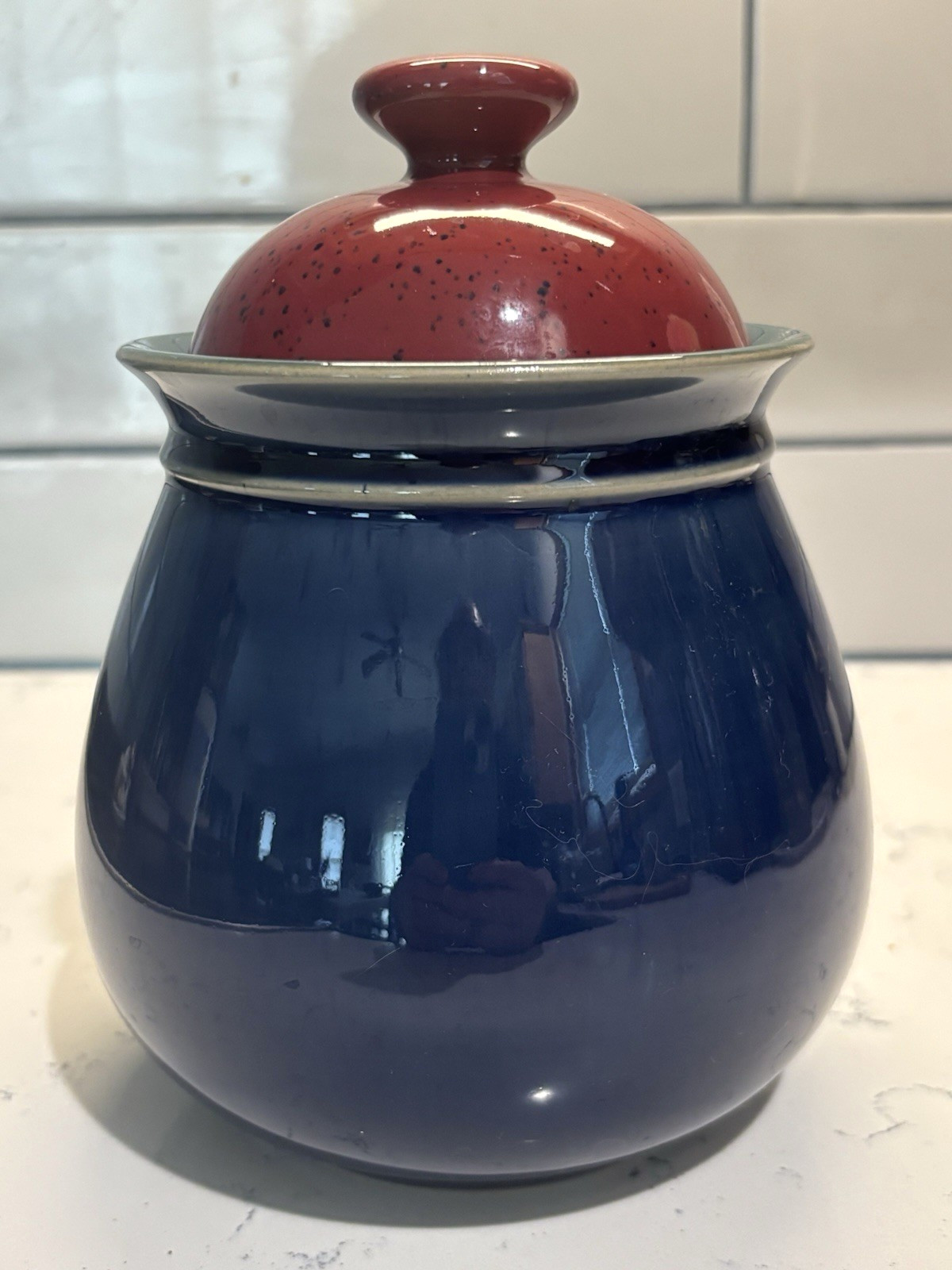 Denby-Langley Harlequin 7”height w/lid 5” at widest width, Excellent Condition