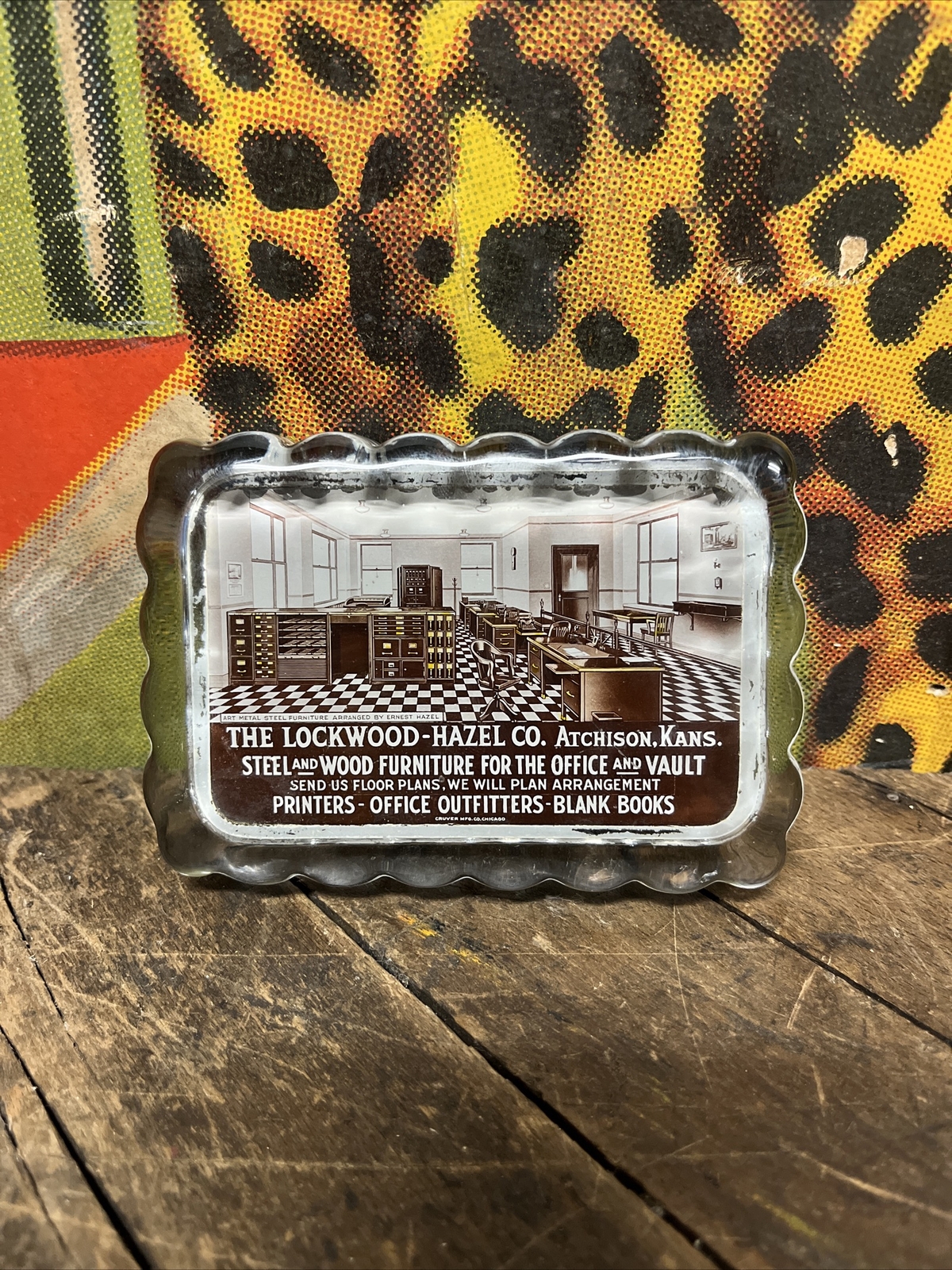VINTAGE C. 1920 THE LOCKWOOD-HAZEL CO GLASS PAPERWEIGHT SIGN OFFICE FURNITURE