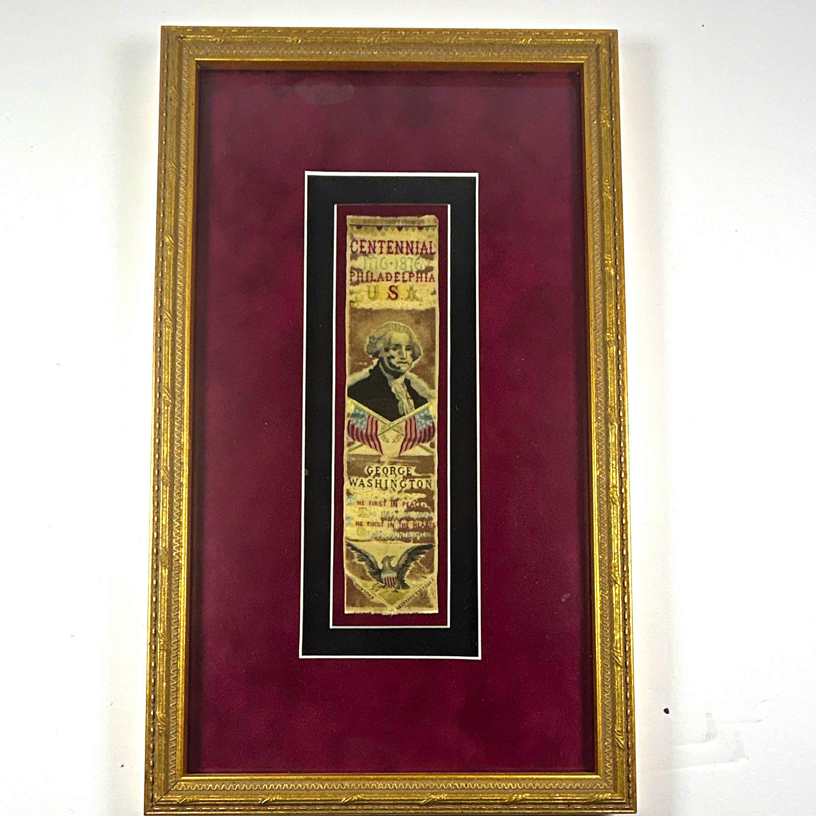 1876 Centennial Stevengraph Silk Bookmark George Washington Philadelphia Framed