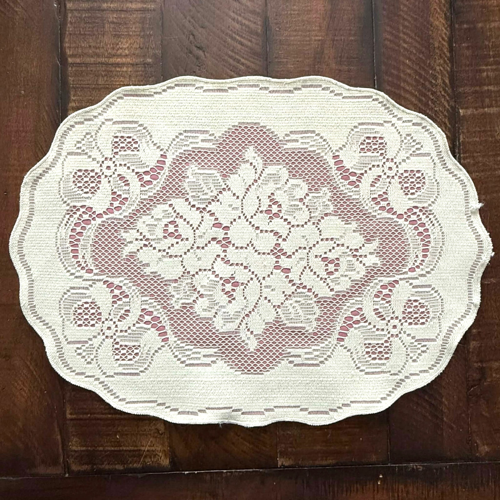 Doily Vintage Filet Crochet Lace Folk Art Motif Floral Handmade Pink Back