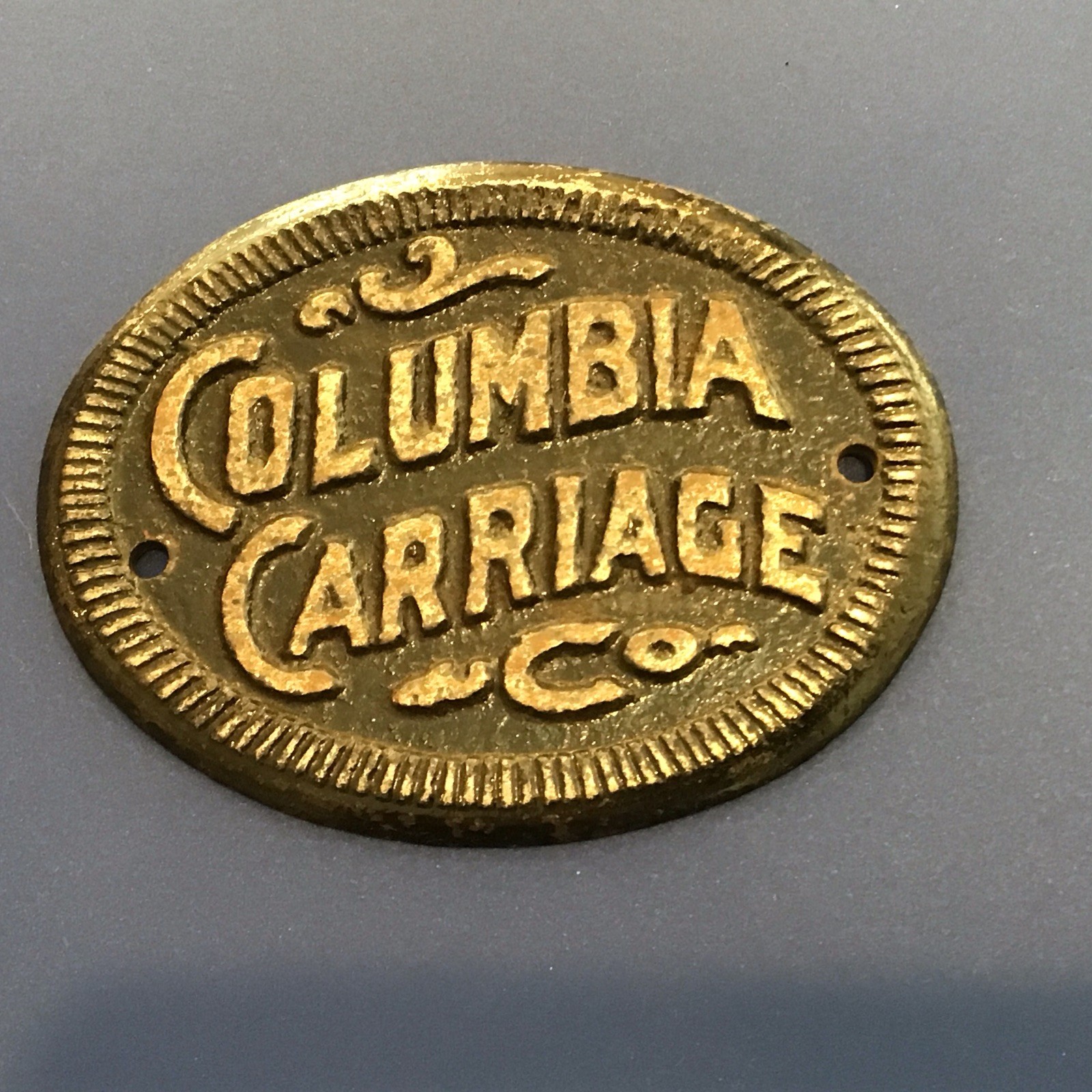 Antique Columbia Carriage Company Cast Iron Maker Sign/Tag/Plate/Plaque