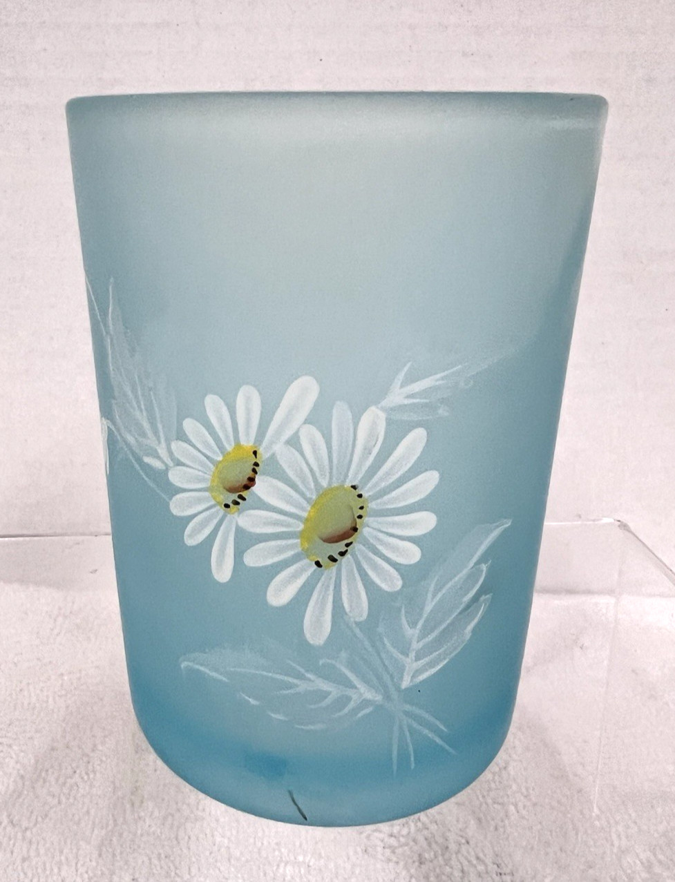 Vintage Blue Frosted Glass Tumbler White Daisy Floral Design 3 3/4 Vintage Blue Frosted Glass Tumbler White Daisy Floral Design 3 3/4