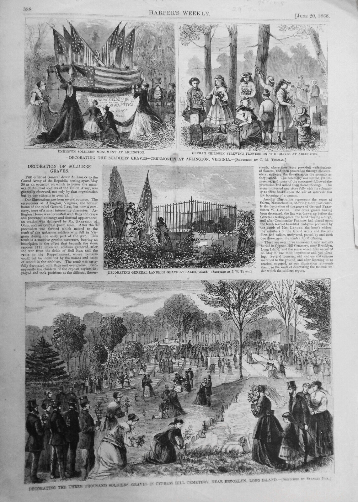 Decoration Of Soldiers\' Graves - Harper\'s Weekly June 20, 1868. Story & 4 Prints