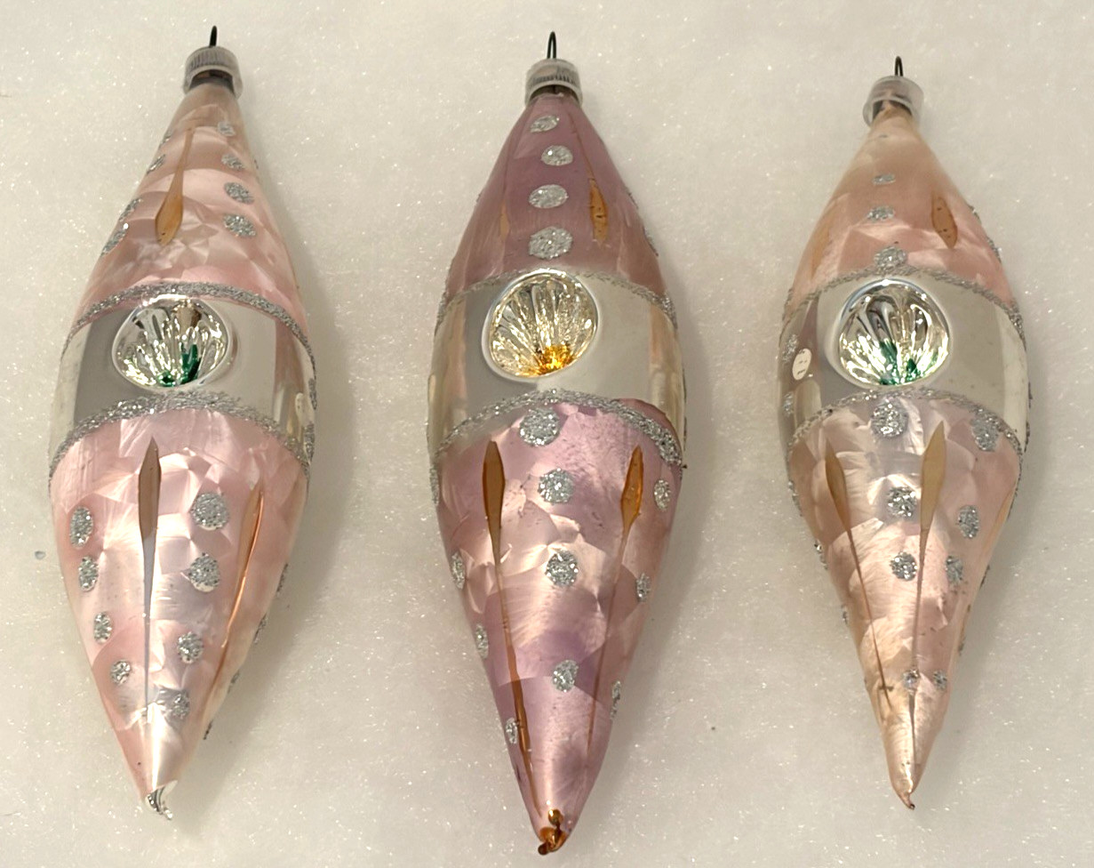 3 Vintage Mercury Glass Glitter DOUBLE INDENT ICICLE  XMAS ORNAMENTS Austria 6”