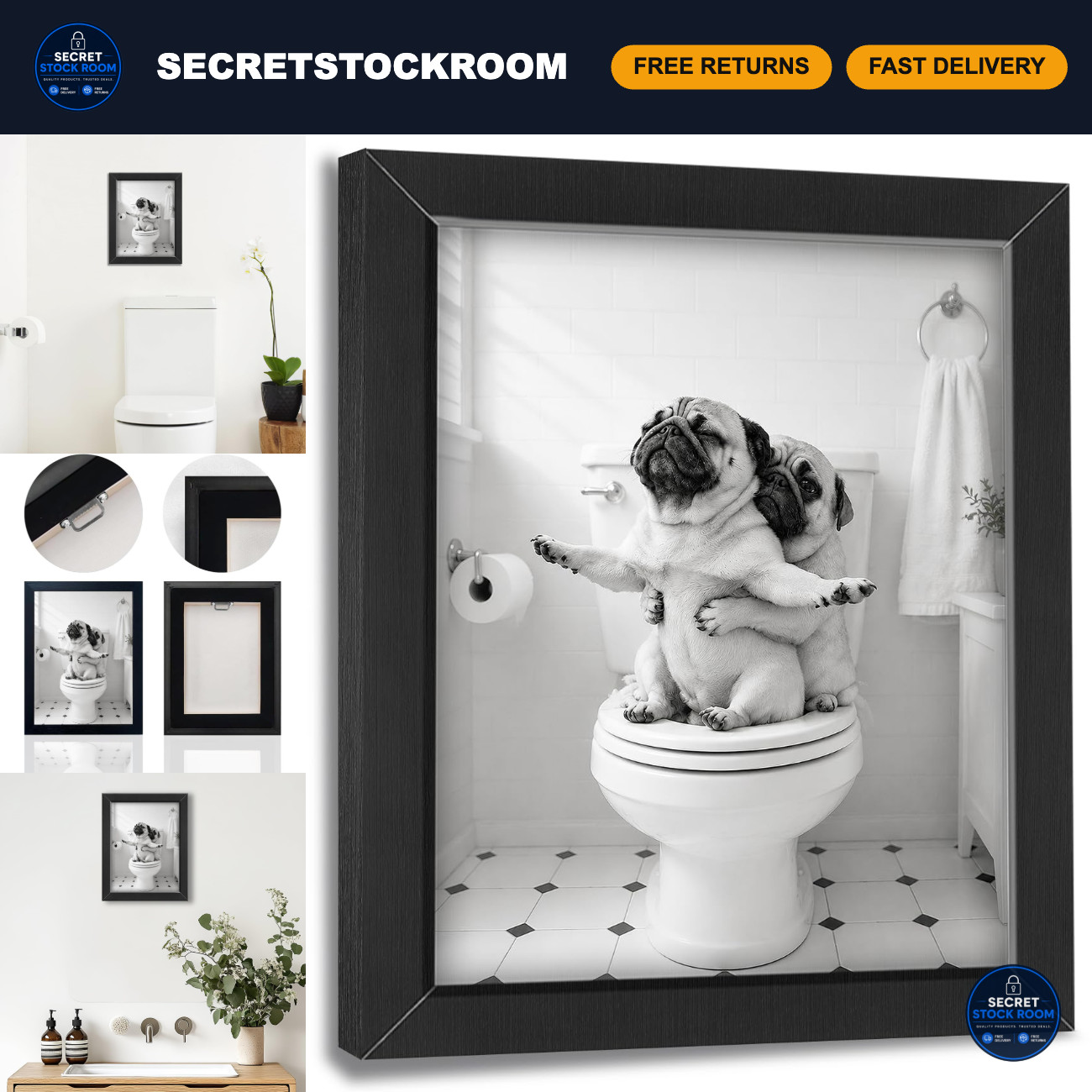 Funny Pug Dog Bathroom Wall Art - Framed Black & White Canvas Decor, 12