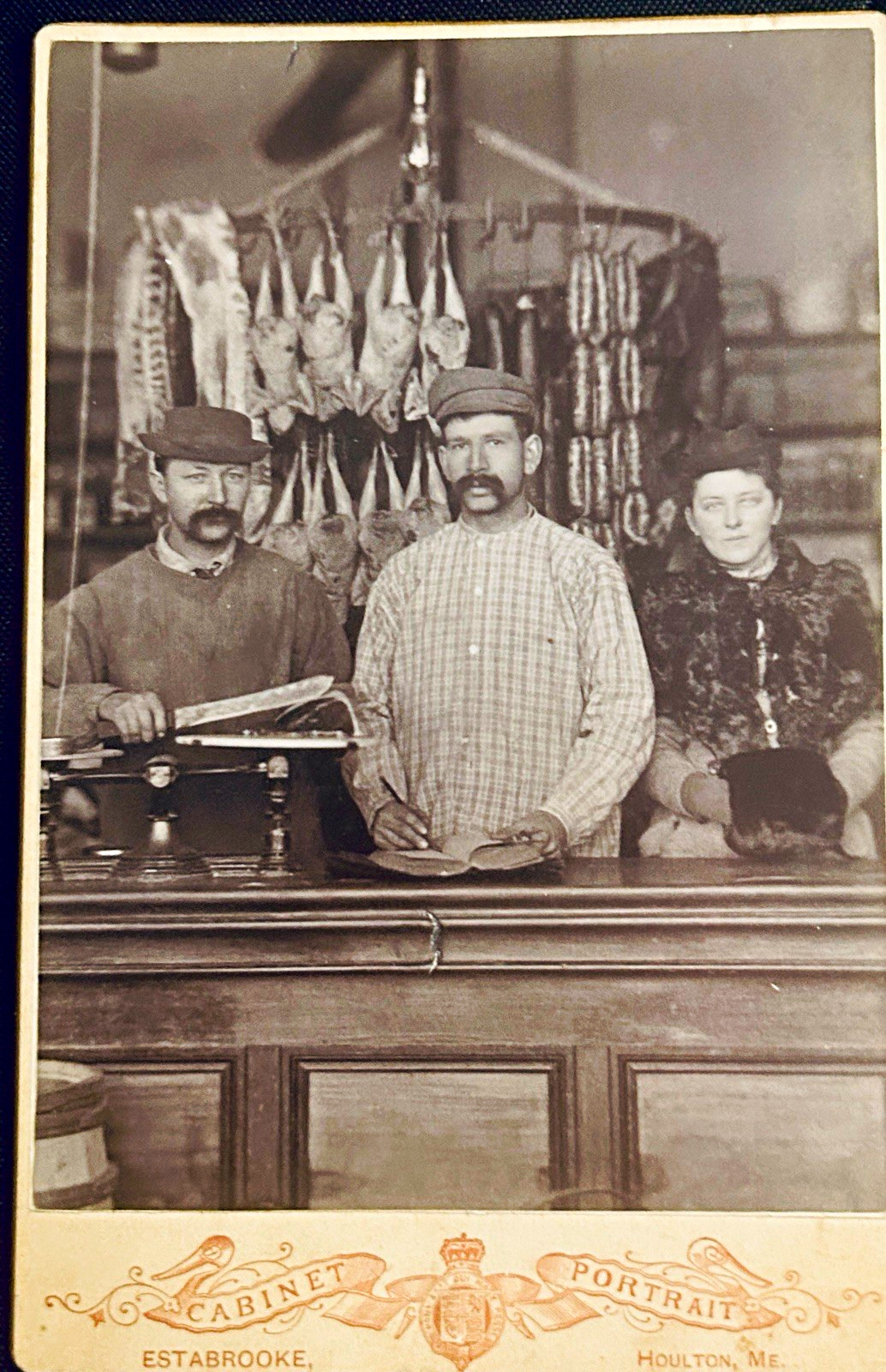 1890s Houlton Maine Butcher Shop Cabinet Photo Monson & Son Estabrooke RARE