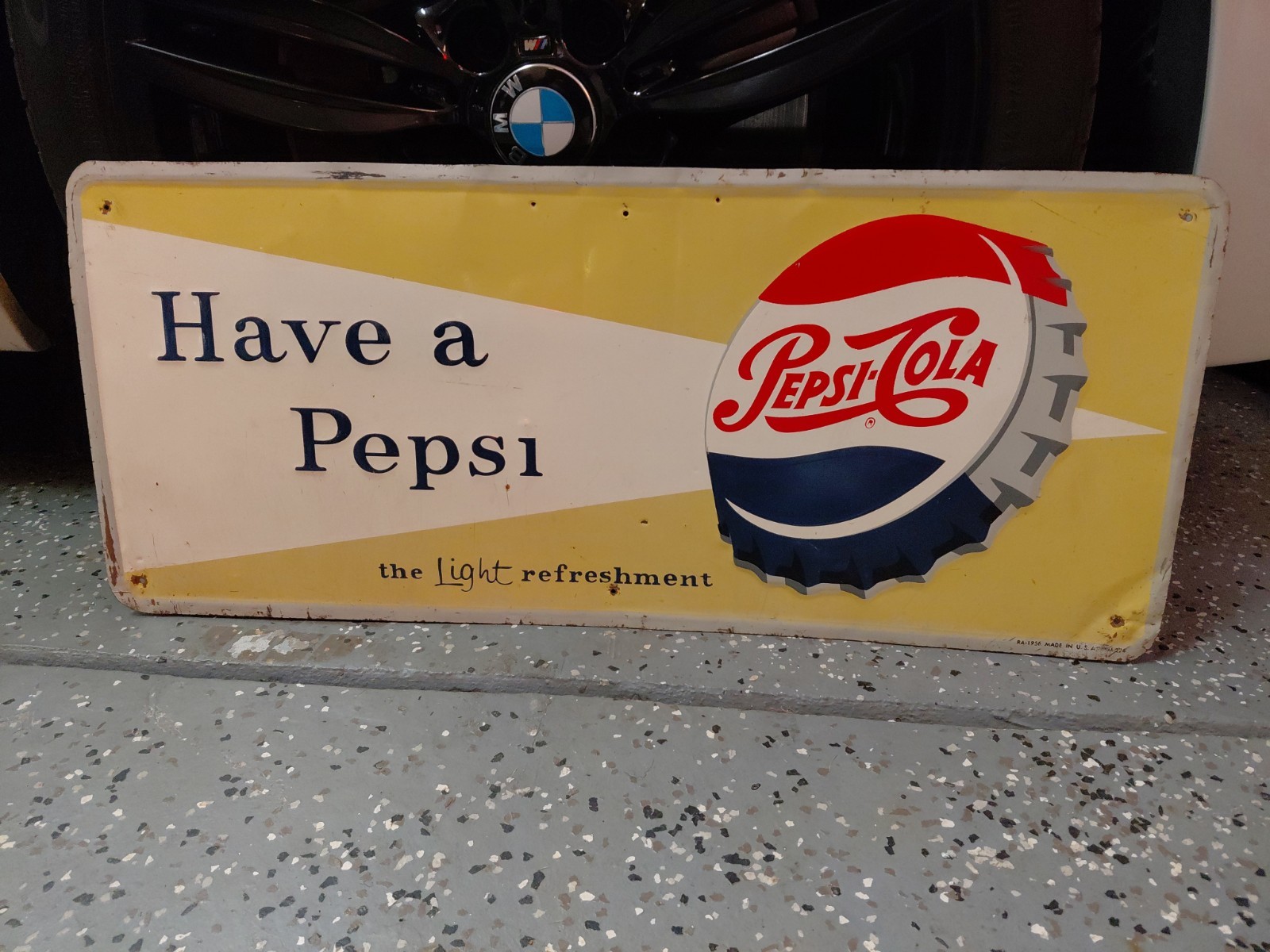 c.1950s Original Vintage Pepsi Sign Metal Embossed Bottle Cap Soda Have A Pepsi