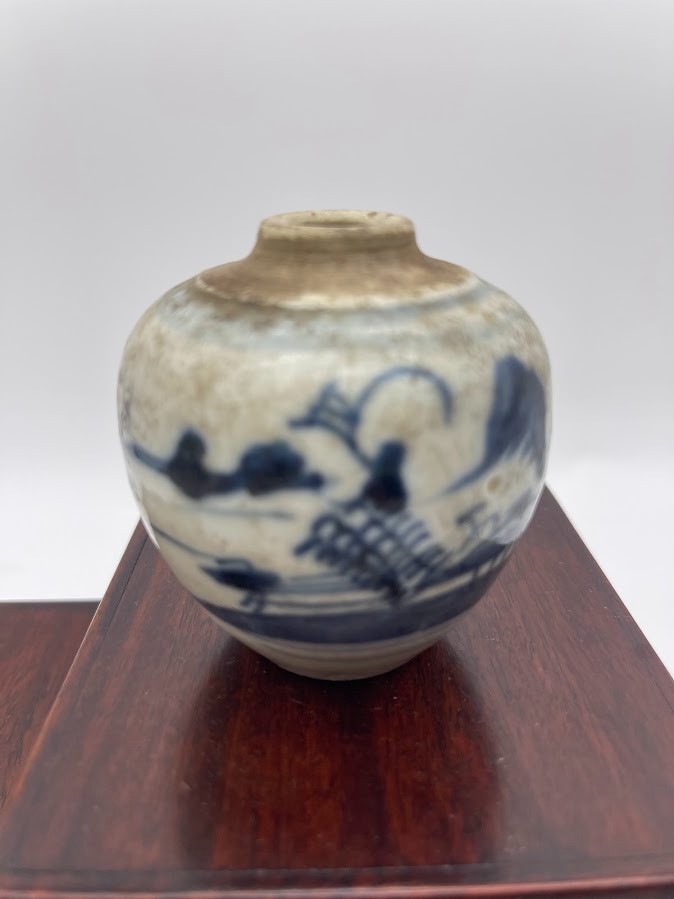 Antique Chinese Blue And White Porcelain Jar With Landscape And Fisherman Design