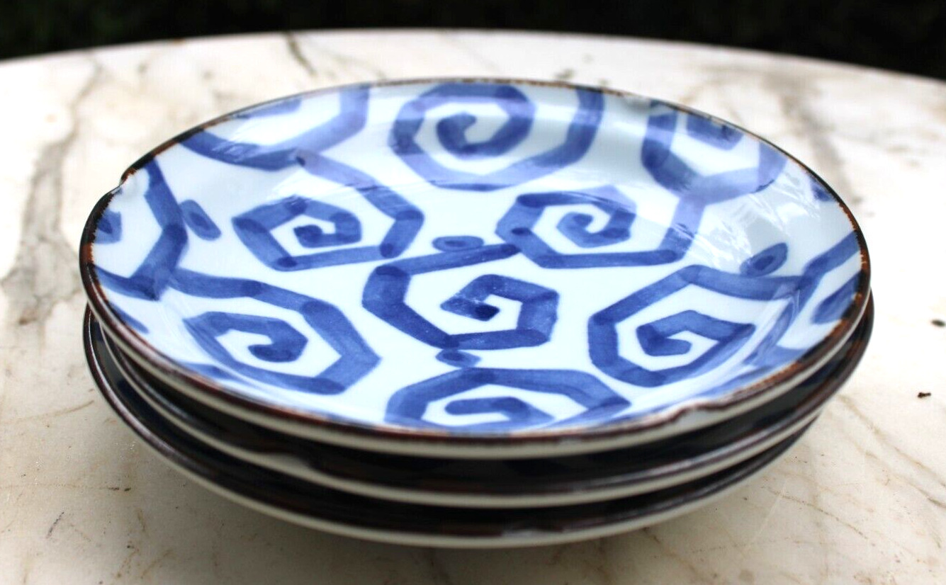 3  Mino Ware Japan Japanese Porcelain Bowls/Dishes w/ Stylized Greek Key Decor