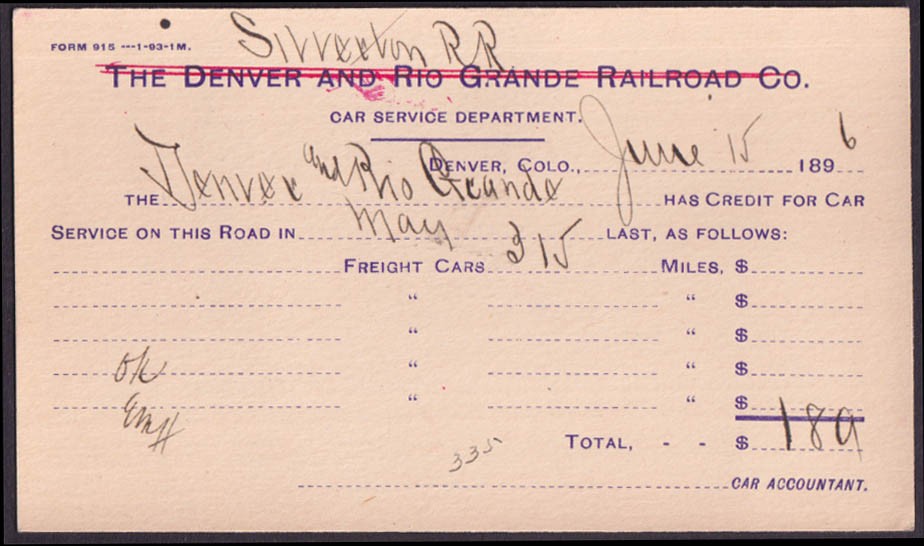 Denver & Rio Grande / Silverton RR postal card 6/15 1896