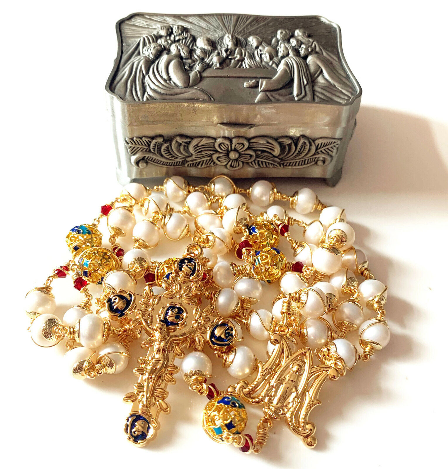 Gold Wire Wrap Bead AAA+ White Real Pearl Catholic Rosary Necklace Cross Box