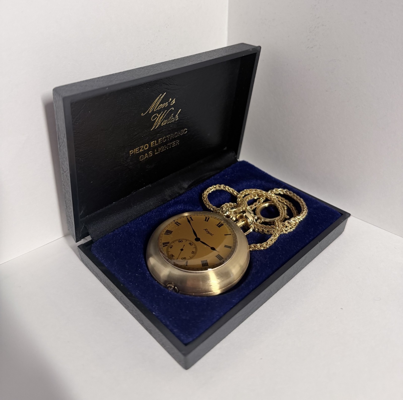 Vintage Royal Pocket Watch Style Gas Lighter w/ Chain & Original “Mom’s Watch” B