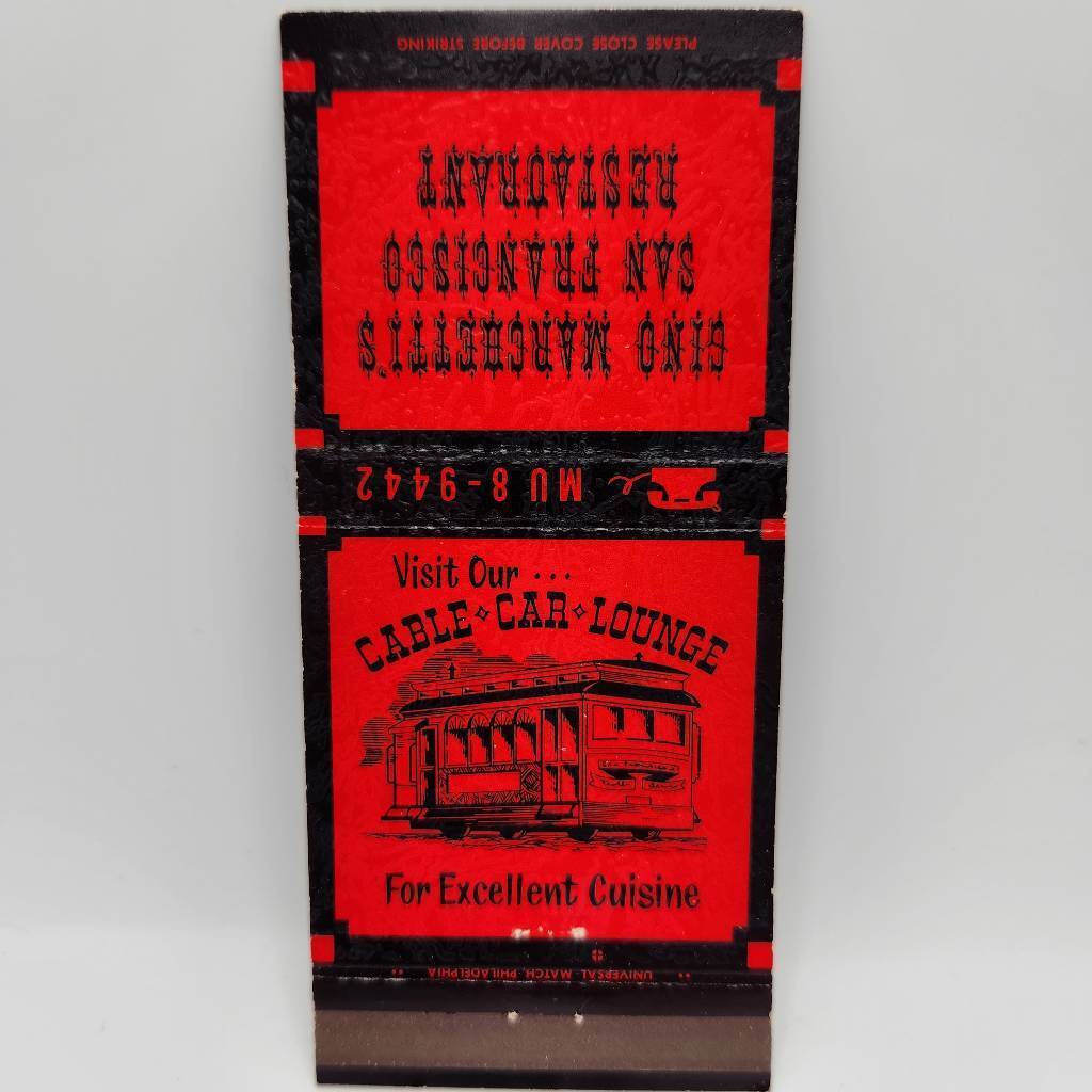 Vintage Matchbook Gino Marchetti\'s San Francisco Restaurant Cable Car Lounge 115