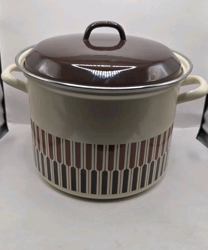 Vintage Moneta MCM Beige Brown Stock Pot 8-Quart Enamel with Lid Made in Italy