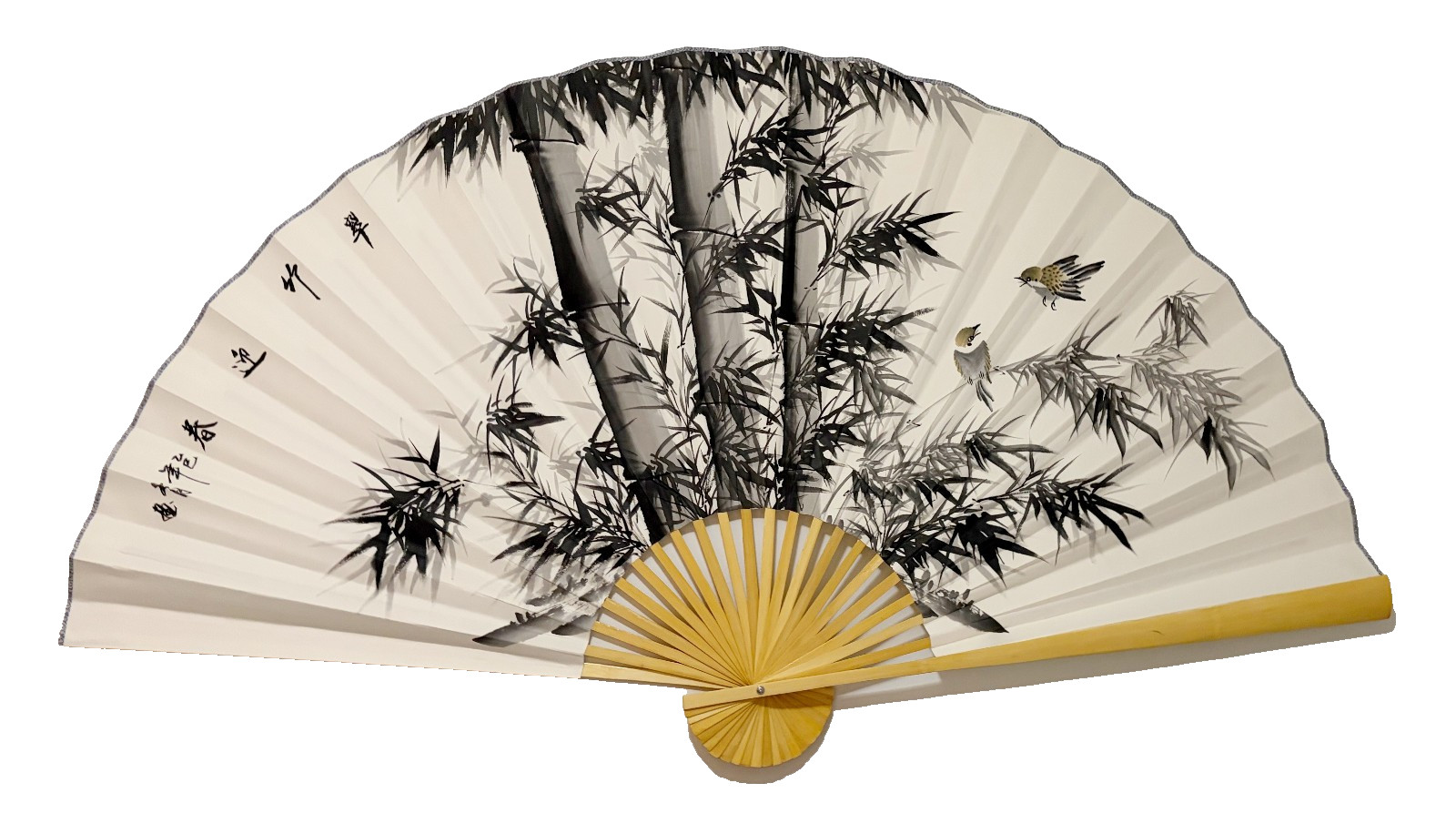Large 63*35.5 Inch Oriental Wall Hanging Folding Fan with Handpainted Bamboo