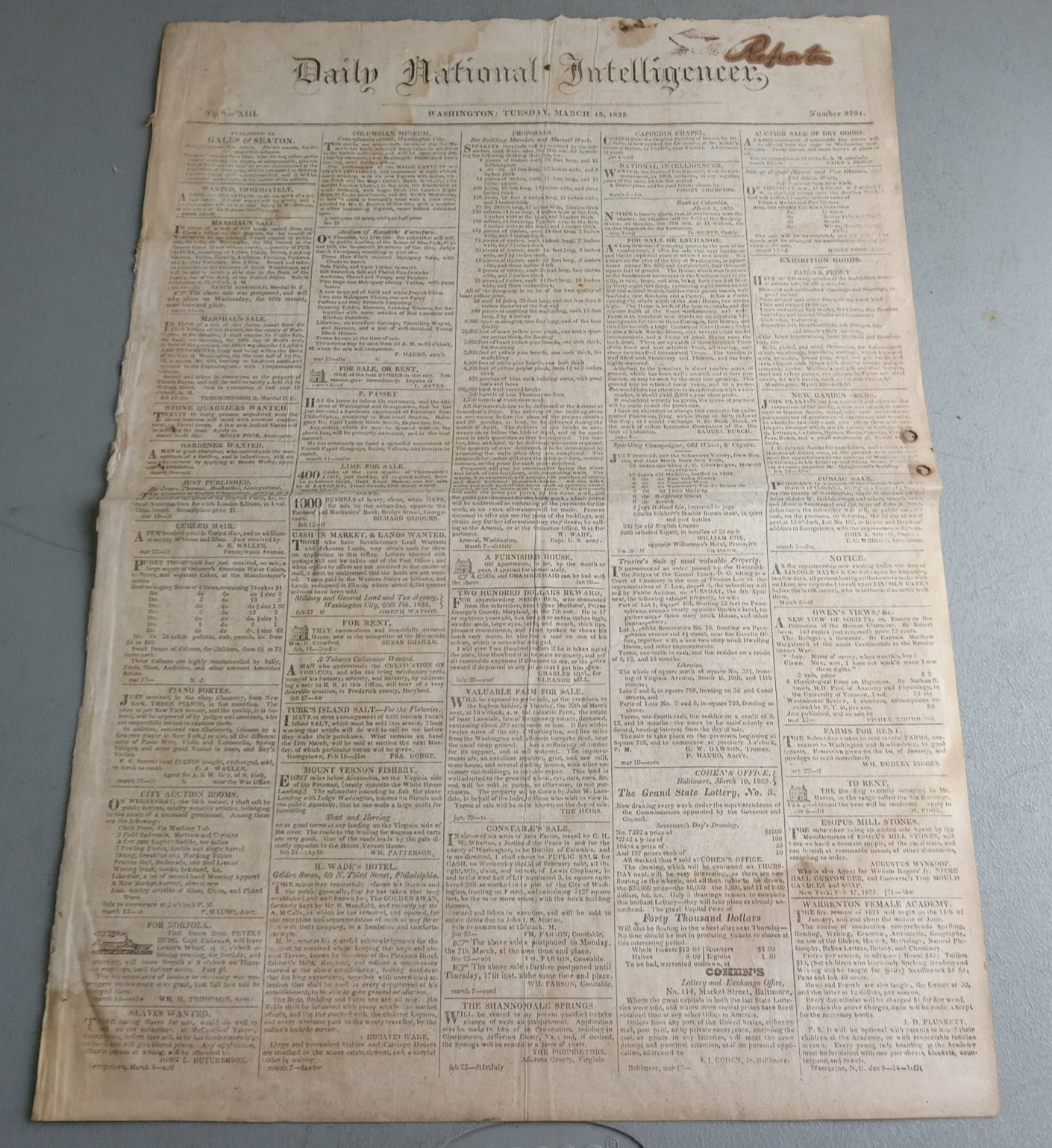 RARE 1825 Presidential Newspaper National Intelligencer John Quincy Adams JQA RARE 1825 Presidential Newspaper National Intelligencer John Quincy Adams JQA