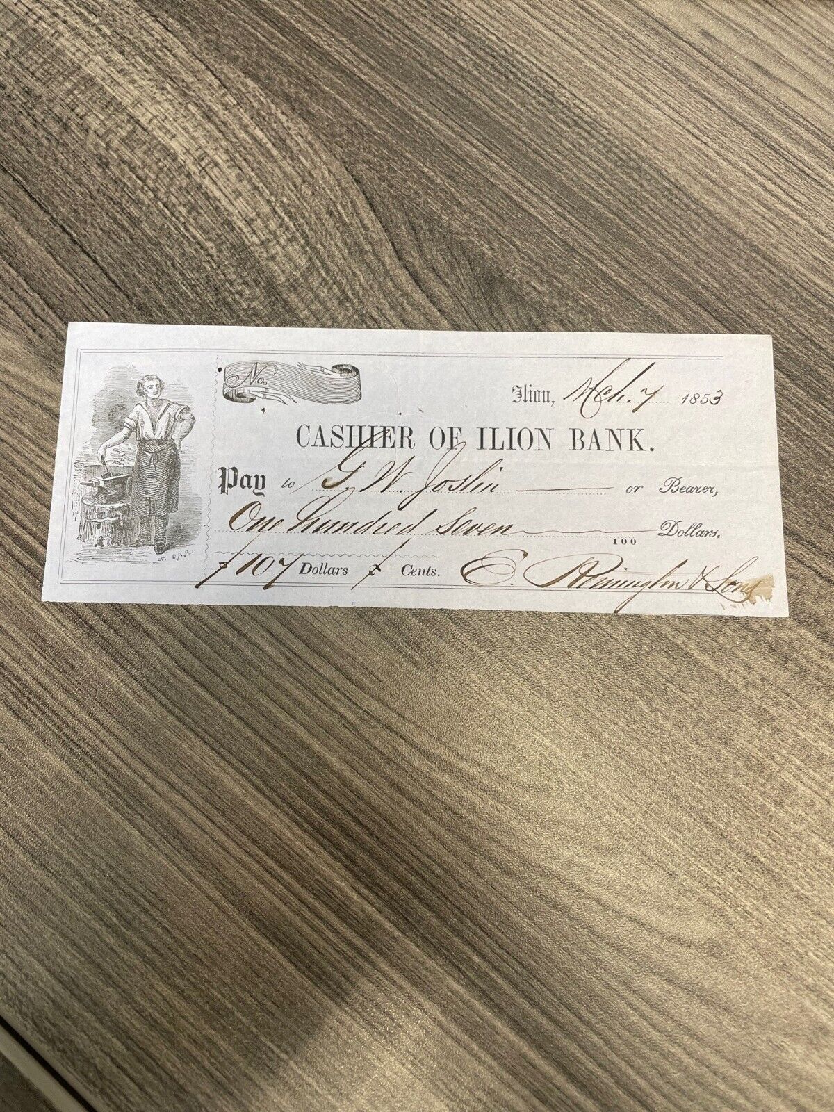 Eliphalet Remington & Sons signed check March 7, 1853 - Civil War Autograph JSA