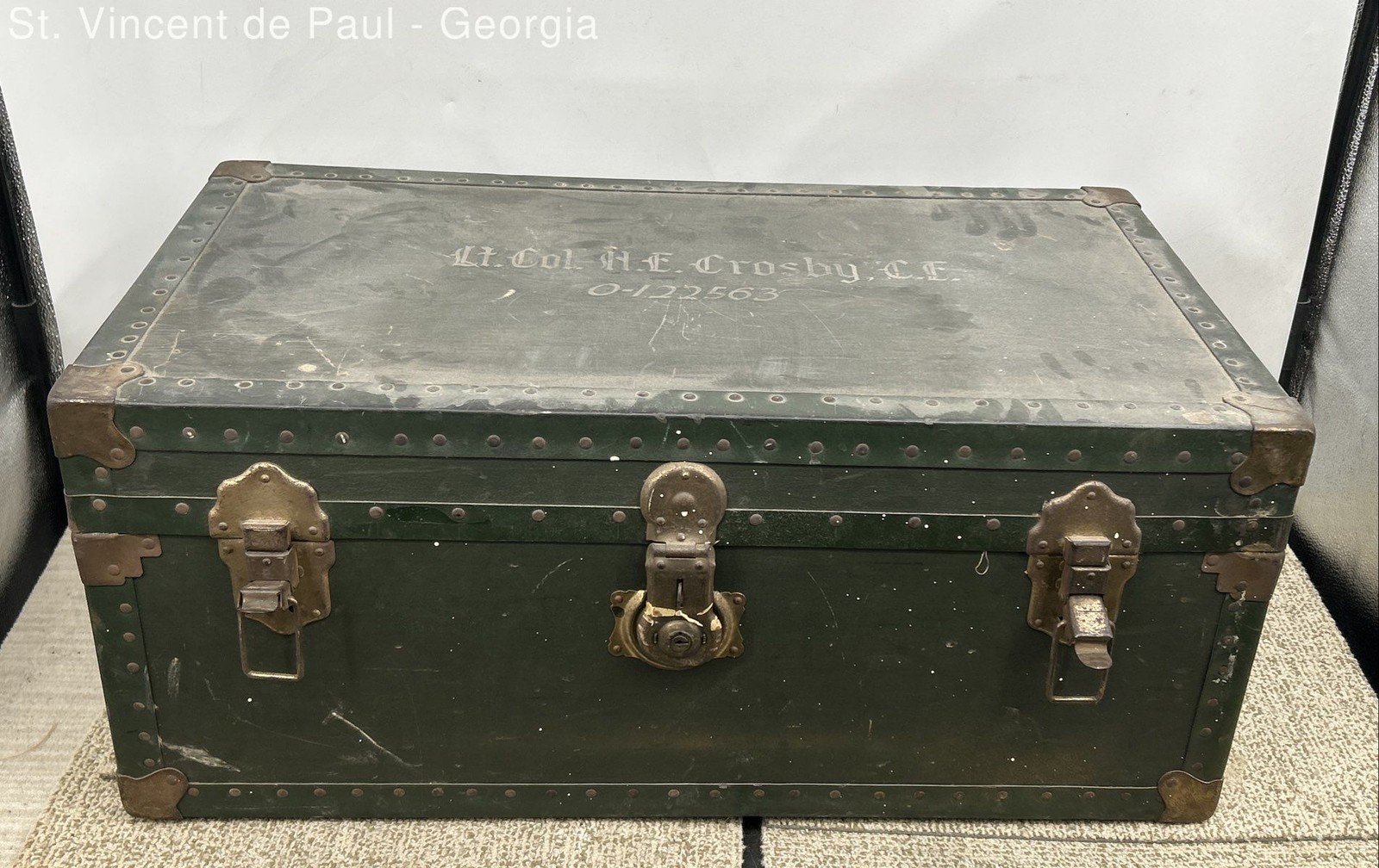 Vintage US Army Officer Footlocker OD Green Lt. Col. H.E. Crosby C.E. Wood Trunk
