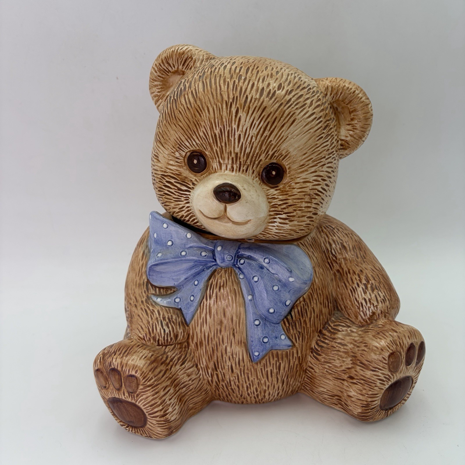 Vintage Theodore Teddy Country Bear Cookie Jar Blue & White Polka Dot Ribbon Bow