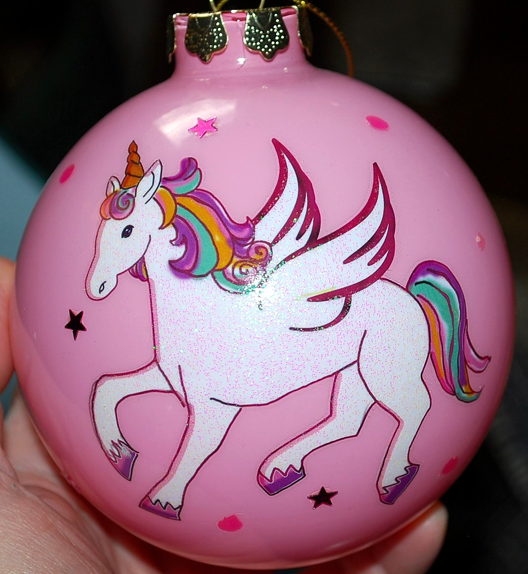 Vtg LARGE ROUND GLASS BALL ORNAMENT Pink Unicorn RAINBOW BRIGHT Glitter Stars 5\