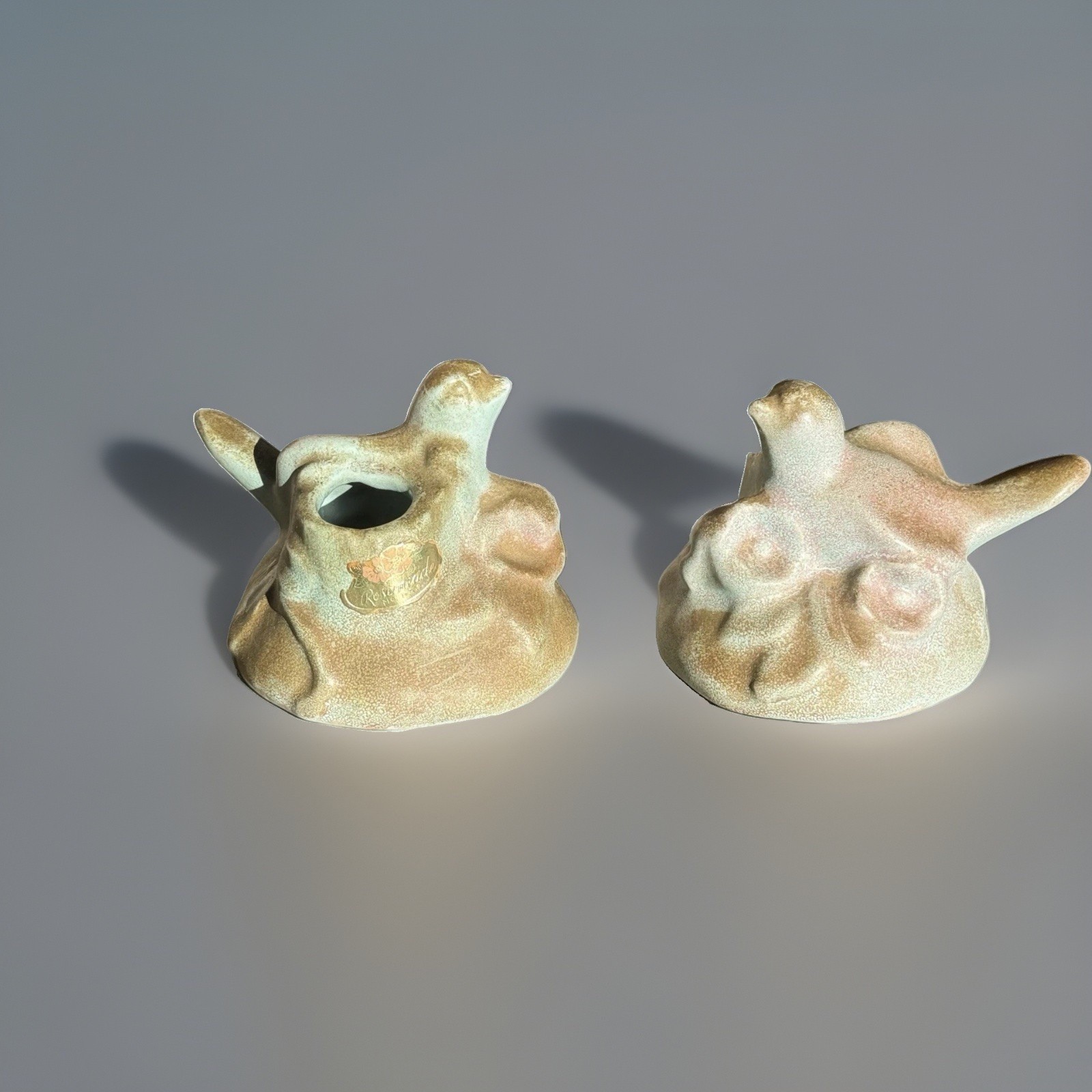 Vtg Rosemeade Pottery Teal Pink Bird Candleholders North Dakota 1940's Exc Cond.