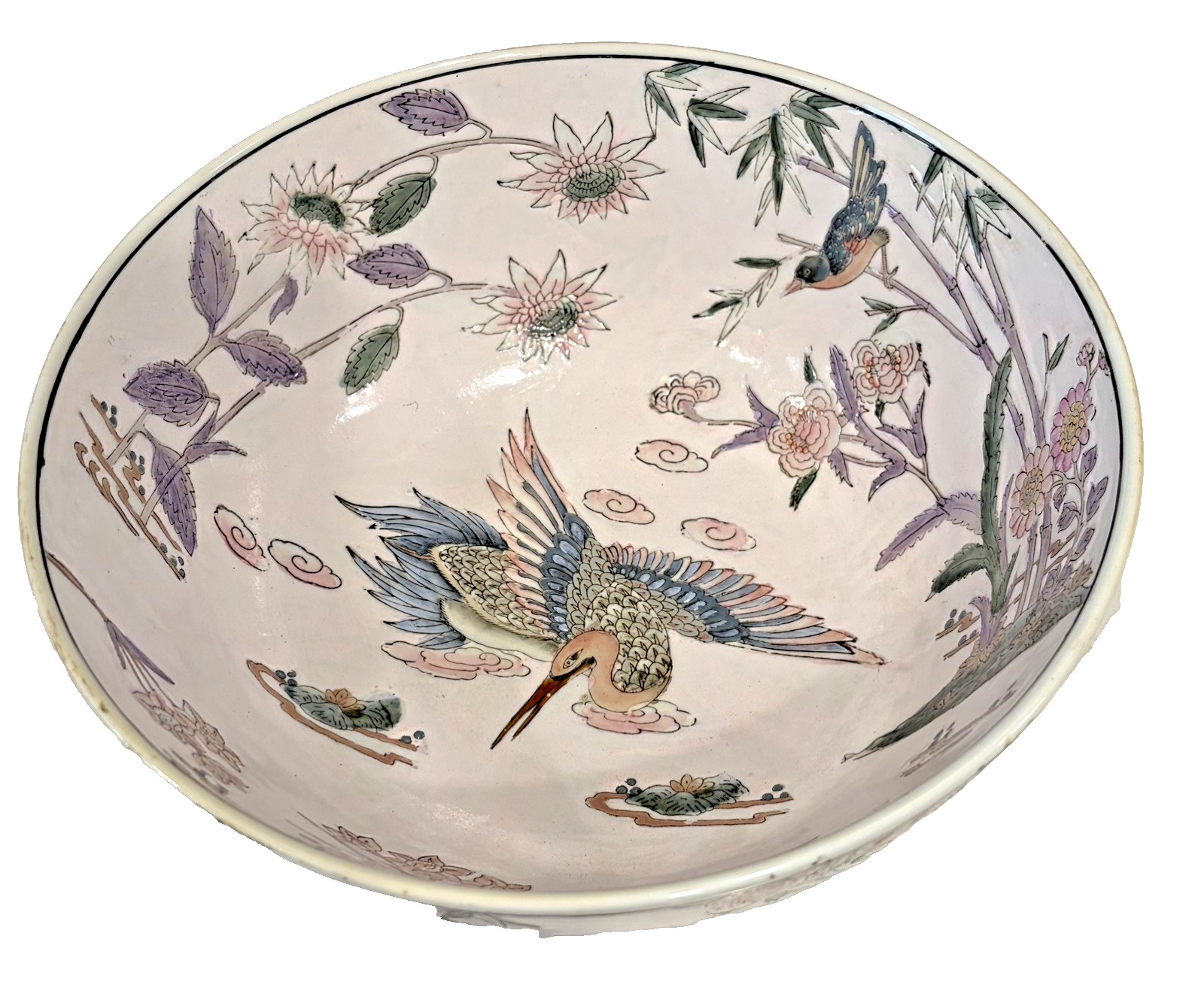 Vintage Large Chinoiserie Pale Pastel Bowl with Crane Mid 20th Century 10