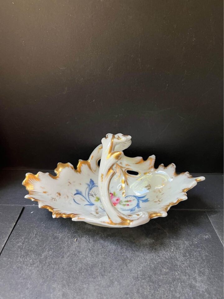 Antique Porcelain Oval Basket Hand Painted Florals Embossed Vines trinket dish