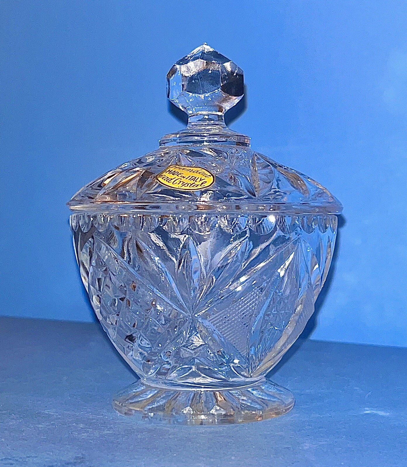 Hand Cut Crystal Made in Italy Covered Bowl 1940’s Hand Cut Crystal Made in Italy Covered Bowl 1940’s
