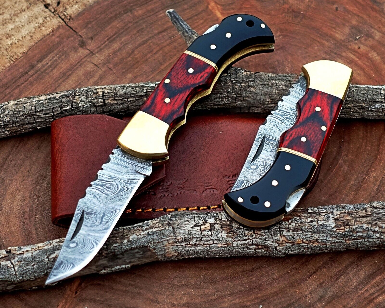 Damascus handmade Back Lock Folding Pocket knife camping Hunting Knife wid Pouch