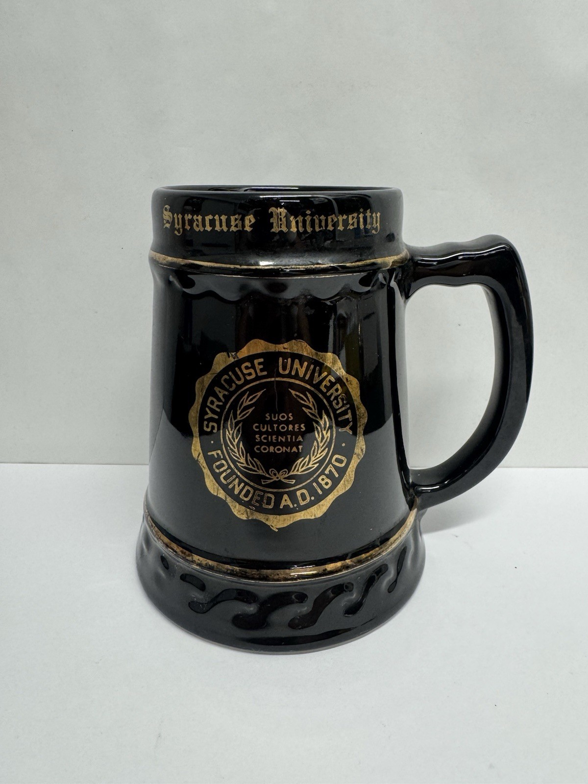 Vintage Syracuse University Beer Stein Mug Black Gold Founded 1870 Ceramic 