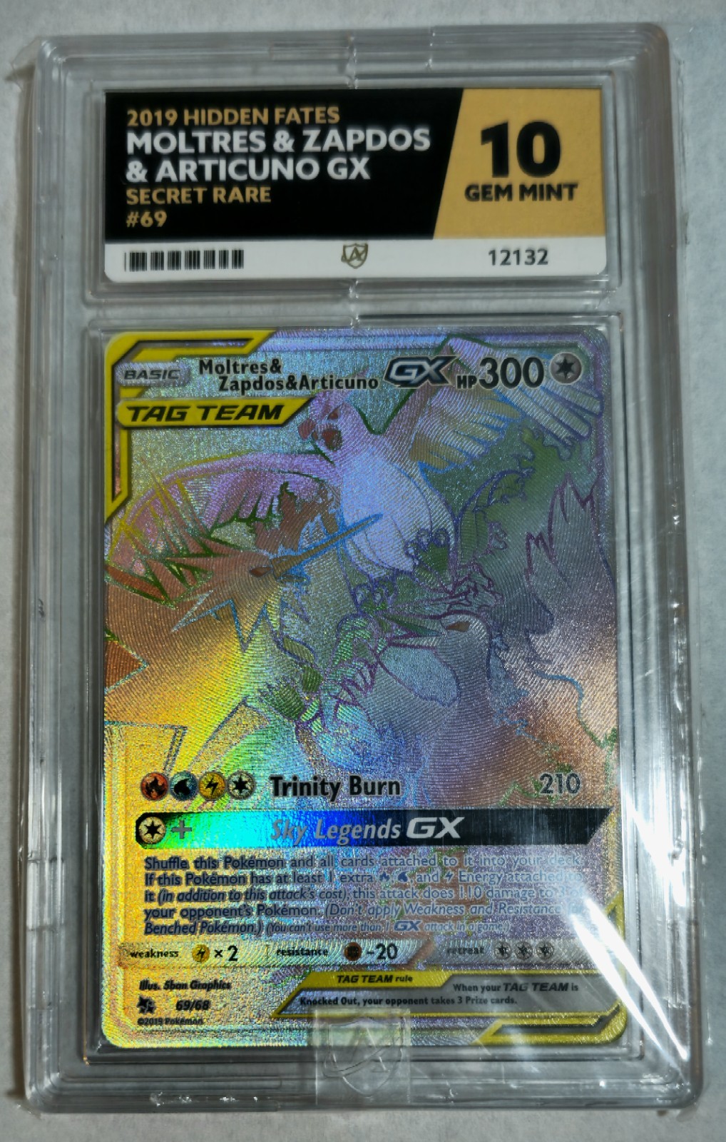 2019 Pokemon SM Hidden Fates 69/68 Moltres Zapdos Articuno GX ACE 10 (all 10s)