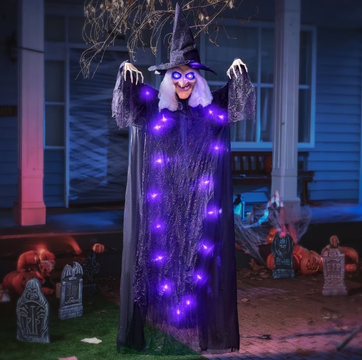 Bruja Animatrónica Halloween 6 Pies con Ojos Luminosos y Sonido para Exterior