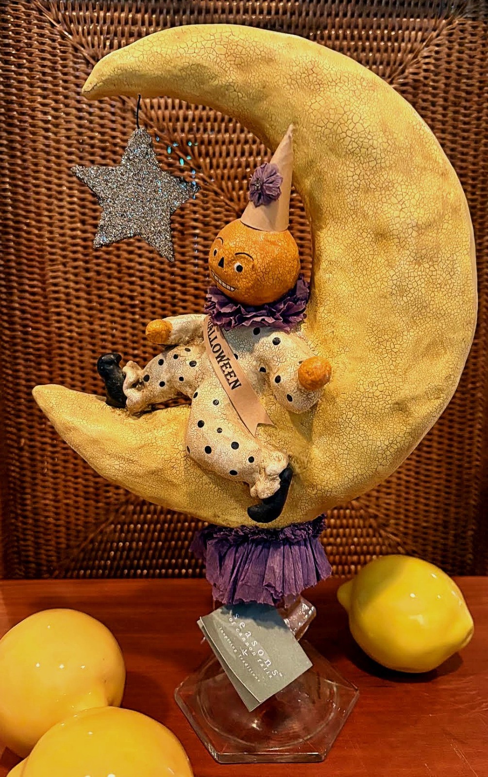 Nicol Sayre Halloween Pumpkin Man Sitting on A Moon Paper Mache Figurine 2004